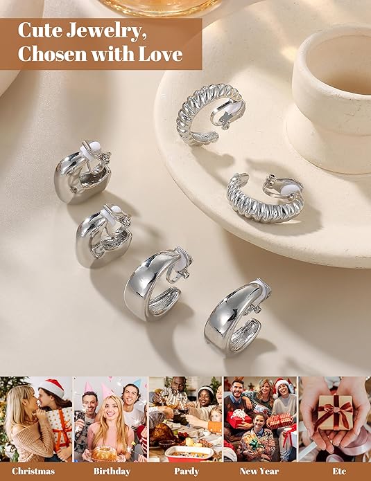 BESTEEL 3Pairs Clip on Earrings for Women Trendy Hypoallergenic 14K Gold Plated Chunky Tube Croissant Waterdrop Clip-on Hoop Earrings Set Fake Jewelry Non Pierced Ears