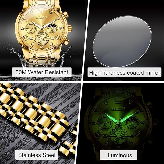 OLEVS Men Watches Stainless Steel Chronograph Watch, Large Wrist Analog Quartz Watch, Fashion Waterproof Diamond Roman Numerals Dress Watches for Men, Gold/Black/White/Blue/Grey Dial
