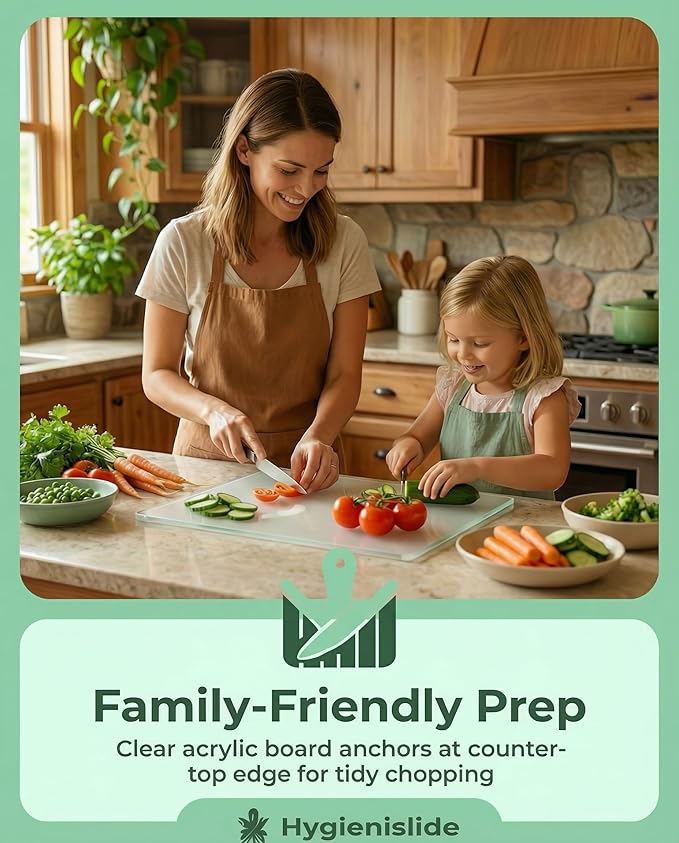Acrylic Cutting Board with Counter Lip – Clear Countertop Cutting Board for Kitchen Prep, Easy Food Transfer, Non-Slip Pads, Dishwasher-Safe – 17" x 13"