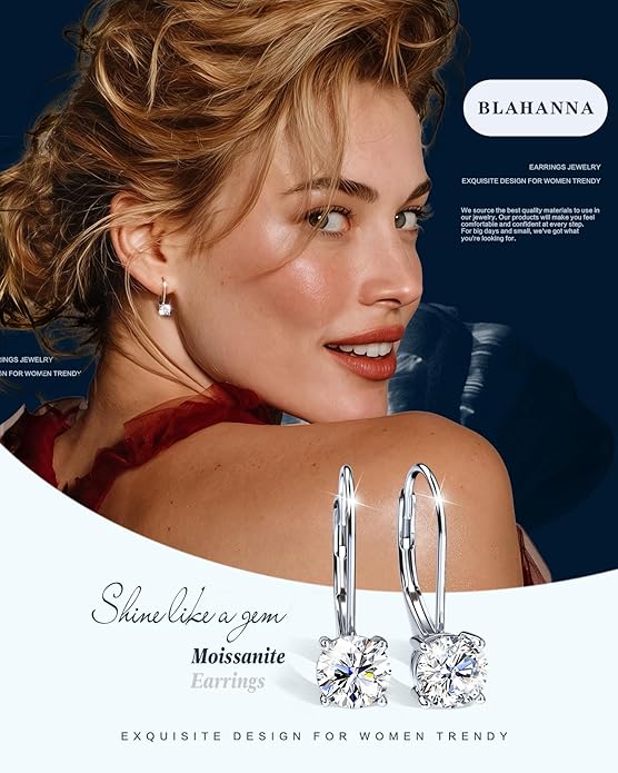 Moissanite Earrings,1.0ct-2.0ct D Color Brilliant Round Cut Earring 18K White Gold Plated Sterling Silver Dangle Earrings Moissanite Leverback Drop Earring s