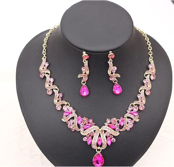 Jewelry Set for Women, Statement Necklace Dangle Earrings Bracelet Ring, White/KC Gold Plated Jewelry Set with Rhinestone Pearl Crystal Wedding Party Jewelry for Bridal Bridesmaid
