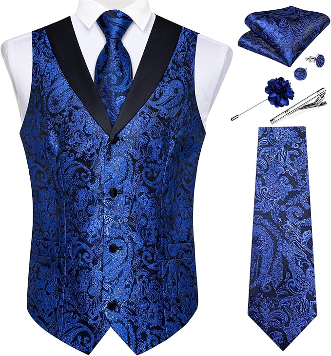 DiBanGu Mens Paisley Suit Vest Silk Jacquard Waistcoat and Necktie Set Formal Shawl Collar Dress Vest 7PCS for Wedding Party