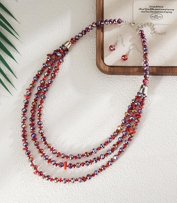 Layered Beaded Statement Necklace Multi Strand Crystal Beads Collar Necklace and Earring Sets for Women Fashion Costume Jewelry Set Gifts for Her