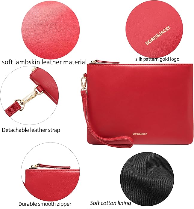 DORIS&JACKY Lambskin Leather Wristlet Clutch Purse for Women Soft Designer Slim Cell Phone Pouch Bag with Detachable Strap