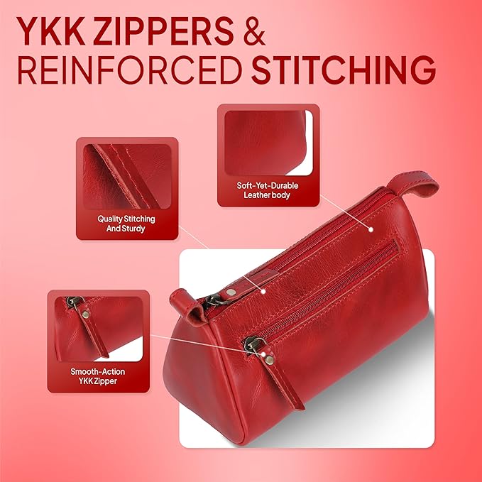 Red Leather Cosmetic Bags For Women - Leather Makeup Bag for Purse, Small Cosmetic Pouch for Travel, Handmade Make Up Case for Purses, Cute Make up Essential Small Makeup Pouch for Daily Use