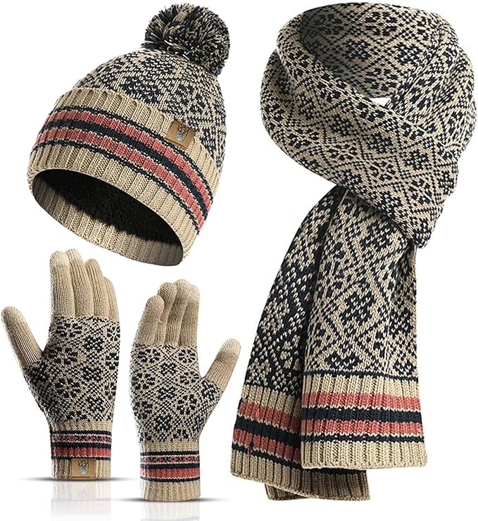 Womens Winter Beanie Hat Long Scarf and Touchscreen Gloves 3Pieces Fleece Lined Skull Caps with Pompom Neck Scarves Set