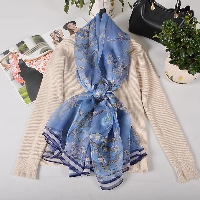100% Mulberry Silk Women's Neck Silk Scarf-Lightweight Shawl,FLoral Print Beach Silk Wrap-Scarves for Photography