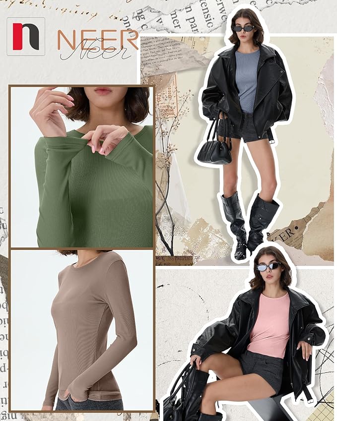 Neer 4 Pack Women's Ribbed Long Sleeve Shirts, Cotton Crew Neck Slim Fit Tops Stretch Knit Casual Base Layer Basic Tee Shirts