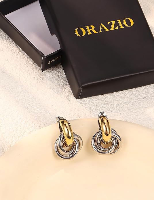ORAZIO Chunky Gold Plated Knot Earrings for Womens Trendy 925 Silver Statement Lightweight Dangle Drop Hypoallergenic Large Geometric Stud Earring Jewelry for Women