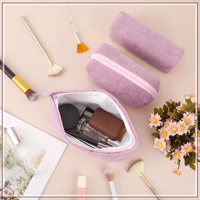 3 Pcs Makeup Bag Set for Women Corduroy Cosmetic Pouch Aesthetic Smile Travel Toiletry Bag Cute Purse Pouch Pencil Case Makeup Brushes Storage Organizer for Christmas(Rose Pink,Solid Style)