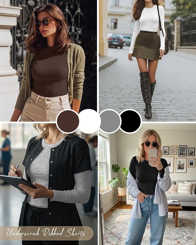 Neer 4 Pack Women's Ribbed Long Sleeve Shirts, Cotton Crew Neck Slim Fit Tops Stretch Knit Casual Base Layer Basic Tee Shirts