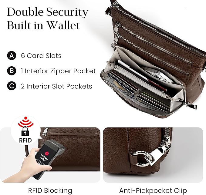 befen Genuine Leather Crossbody Bags for Women, Medium Anti-Theft Shoulder Purse with Built in RFID Wallet for Travel