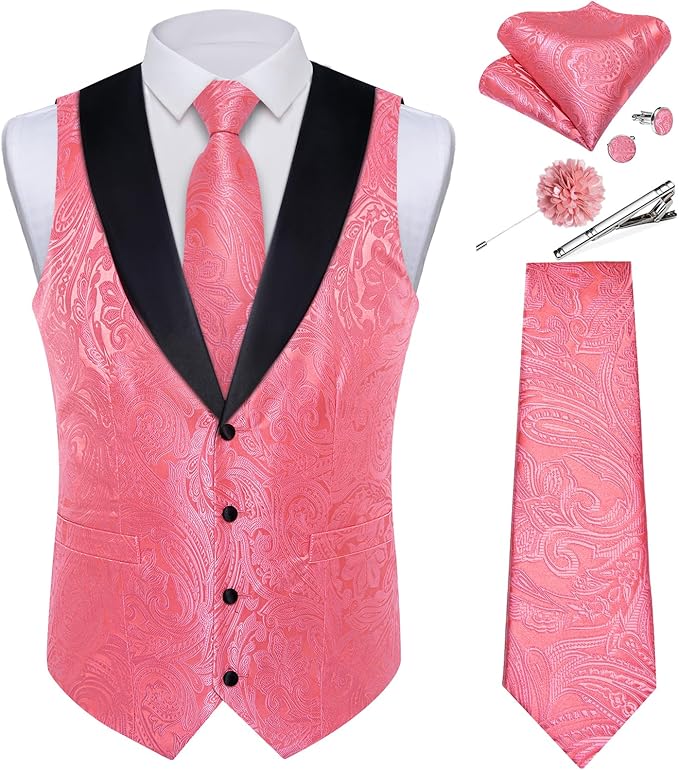 DiBanGu Mens Paisley Suit Vest Silk Jacquard Waistcoat and Necktie Set Formal Shawl Collar Dress Vest 7PCS for Wedding Party