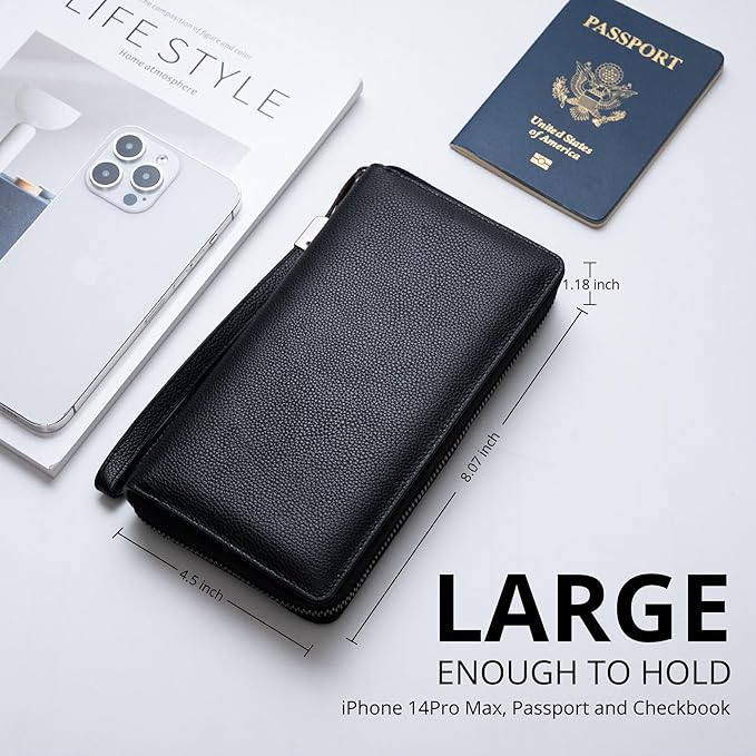 Women's Genuine Leather RFID Blocking Zip Around Wallet with Phone Pocket Large Capacity Travel Wristlet (Black)