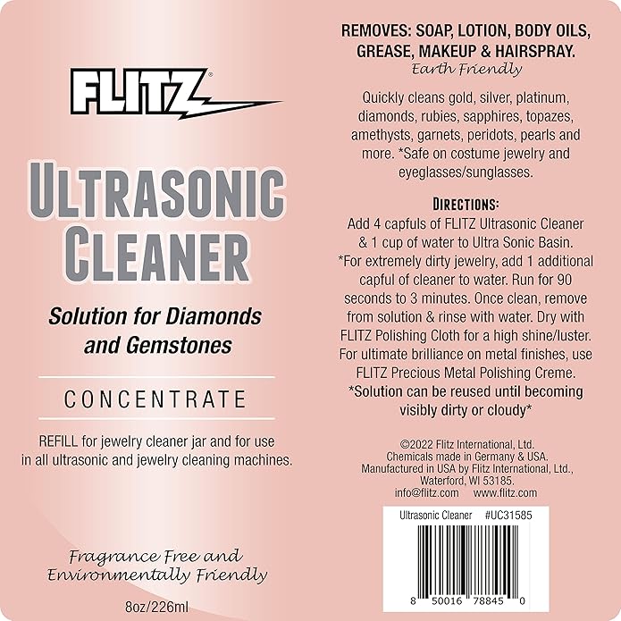 Flitz Ultrasonic Jewelry Cleaner Solution - 8oz Bottle of USA-Made Gold & Sterling Silver Cleaner Jewelry Tarnish Remover to Restore - Ultrasonic Cleaning Solution for Diamond Rings, Earrings & More