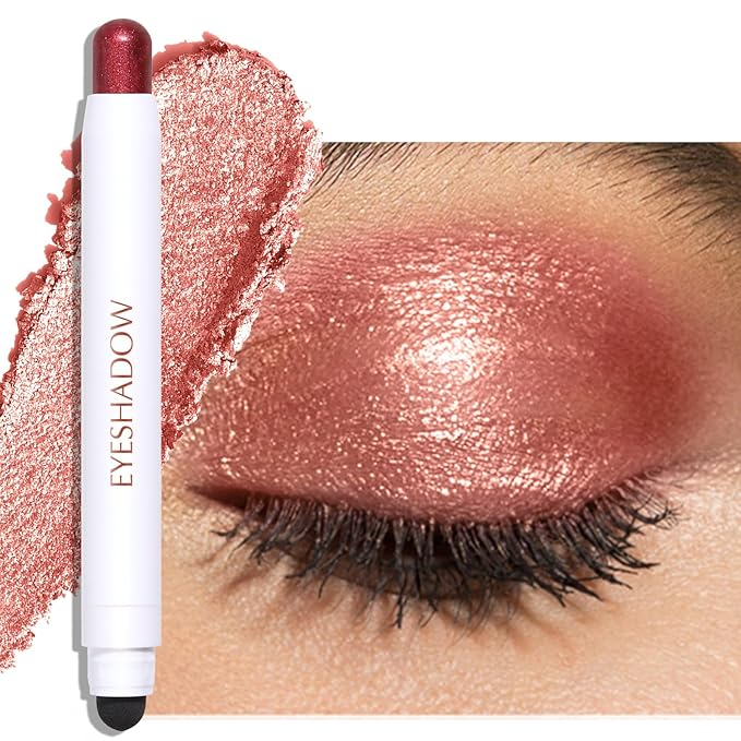 Dusty Rose Shimmer Eyeshadow Stick, Cream Eyeshadow Long-Lasting Crease-Proof Neutral Glitter Eye Shadow Eyeliner Pencil High Pigmented Highlighter Makeup with Blending Brush