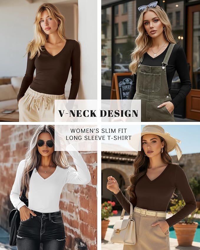 Ficerd 3 Pack Women's Long Sleeve Shirts, V Neck Basic Tees Slim Fitted Casual Fall Tops Going Out Blouses T Shirts
