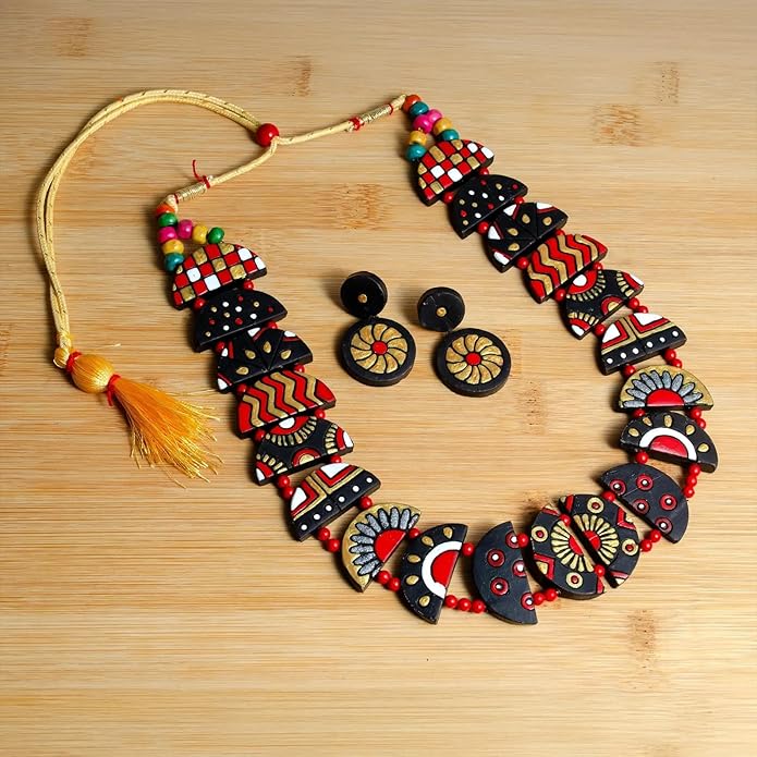 Celestial Creations Handmade Terracotta Necklace and Earrings Set – Boho Tribal Statement Jewelry for Women, Eco-Friendly Festival & Party Wear Gift