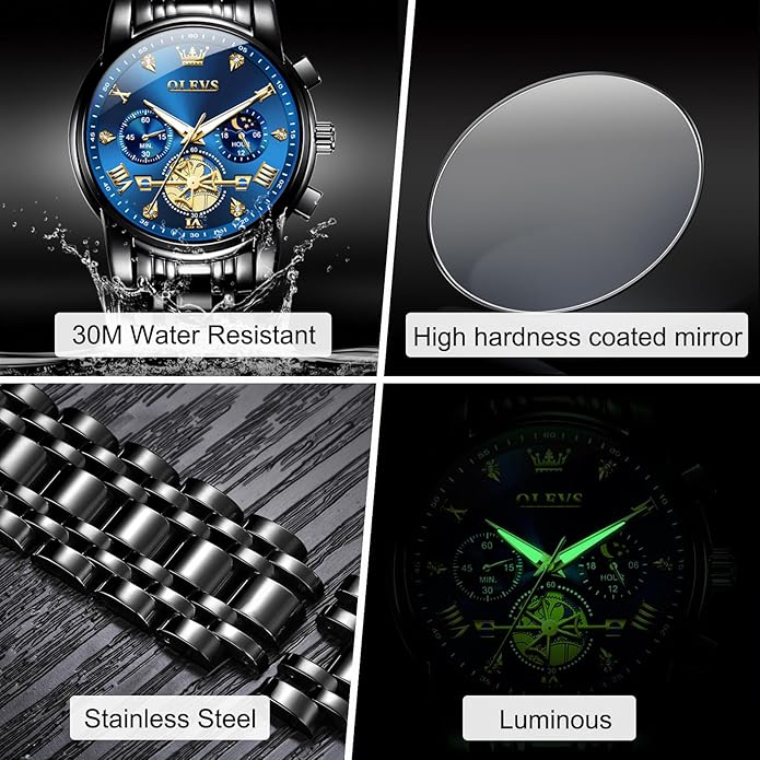 OLEVS Men Watches Stainless Steel Chronograph Watch, Large Wrist Analog Quartz Watch, Fashion Waterproof Diamond Roman Numerals Dress Watches for Men, Gold/Black/White/Blue/Grey Dial