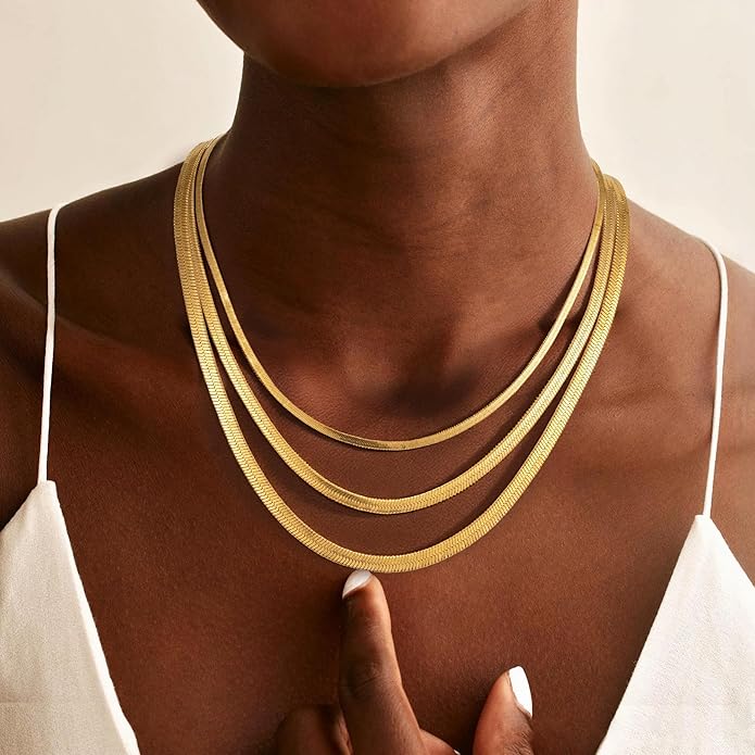 Gold Necklace for Women, 18K Gold Plated Layered Herringbone Necklace Choker Chain Necklaces Dainty Gold Necklaces Waterproof Jewelry for Women Non Tarnish