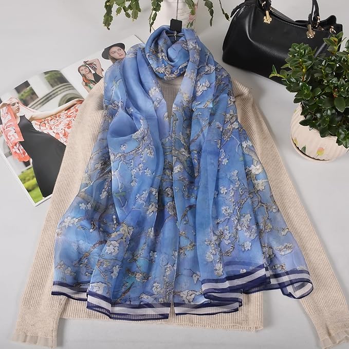 100% Mulberry Silk Women's Neck Silk Scarf-Lightweight Shawl,FLoral Print Beach Silk Wrap-Scarves for Photography