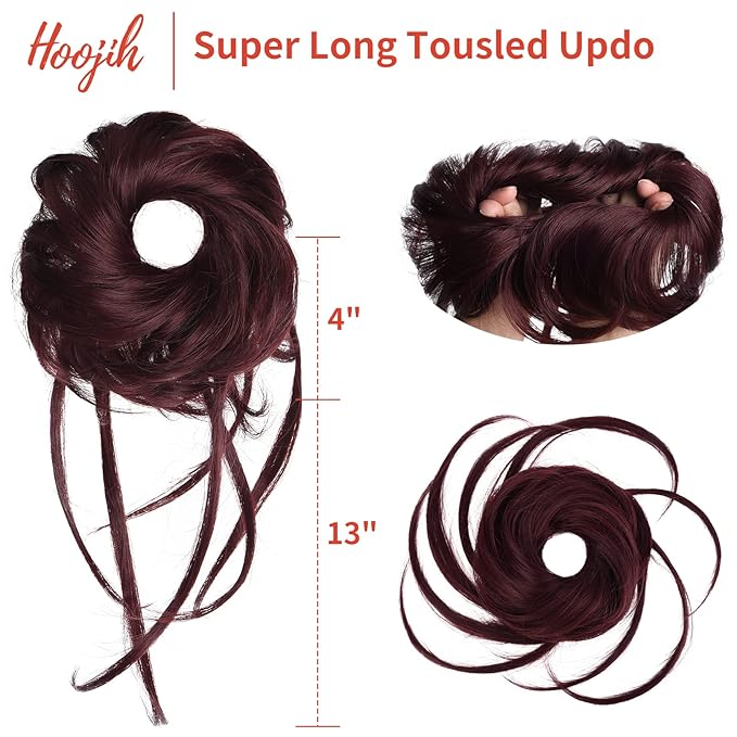 HOOJIH Messy Bun Hair Piece, Super Long Tousled Updo Bun Extensions Wavy Wrap Ponytail Hairpieces Scrunchies with Elastic Hair Band for Women HB007 Grace - Wine Red