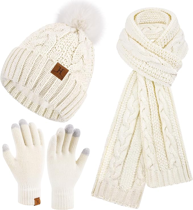 Womens Winter Beanie Hats Scarf Touchscreen Gloves Set Chenille Knit Fleece Lined Beanies Pompom Hat Scarves