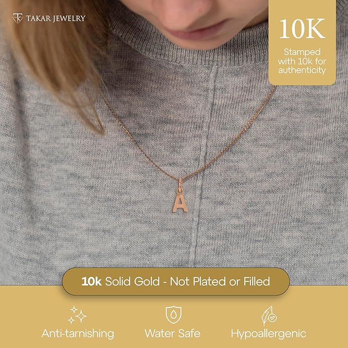 Takar Dainty 10K Gold Mini Initial Letter Pendant, A-Z Bold Gold Letter Charm For Women And Men, Personalized Pendant Charms, Christmas Gift for Women and Men Made In USA