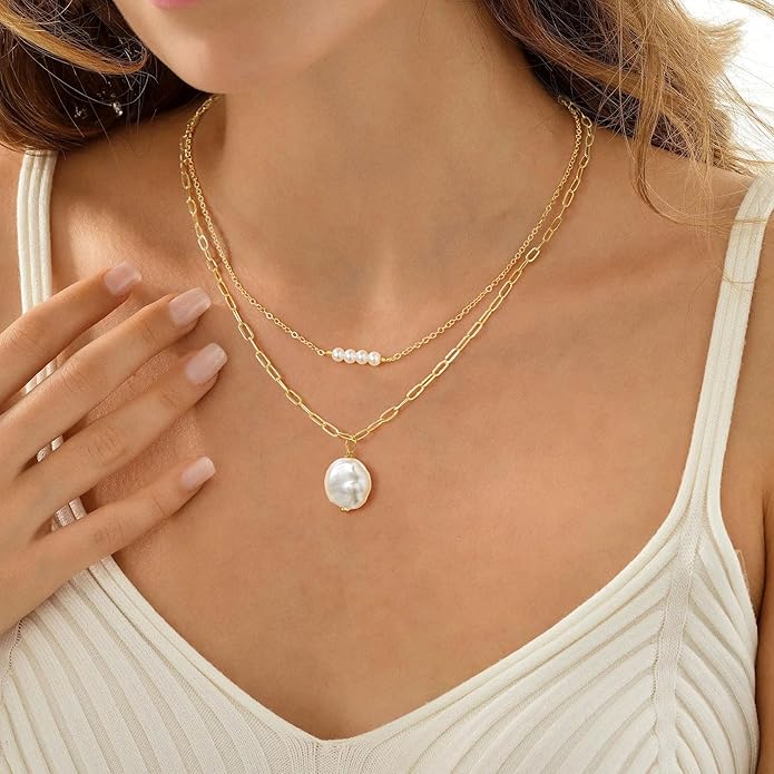 Yoosteel Pearl Necklace for Women - 14K Gold Plated Pearl Pendant Necklaces Minimalist Women Pearls Layered Necklace Dainty Trendy Bridal Bridesmaid Wedding Gifts for Her