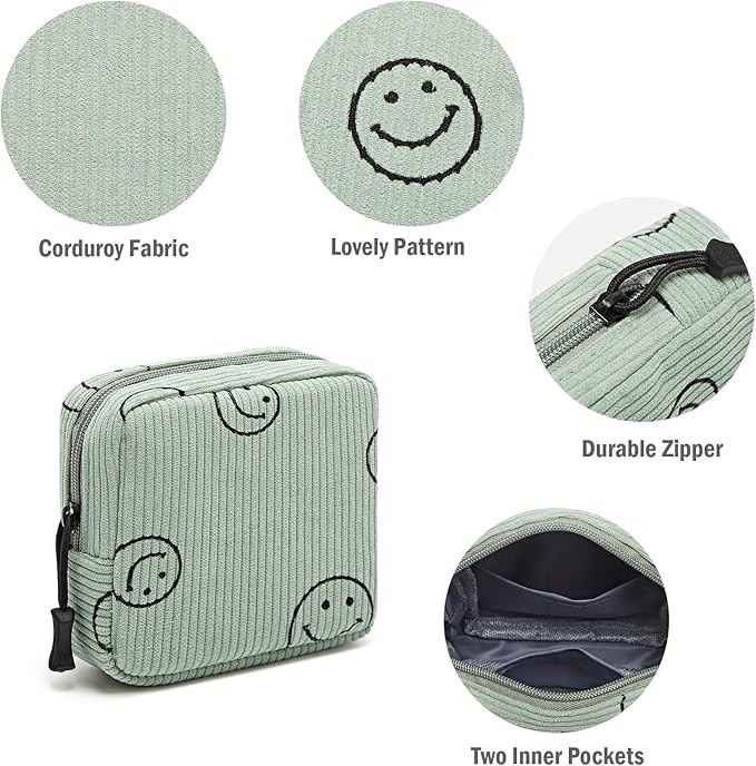 Small Makeup Bag for Purse,Mini Cosmetics Bag cute Zipper corduroy Cosmetic Pouch Storage Pouch Travel Toiletry Organizer for Women Girls(Smiley Face,Green)