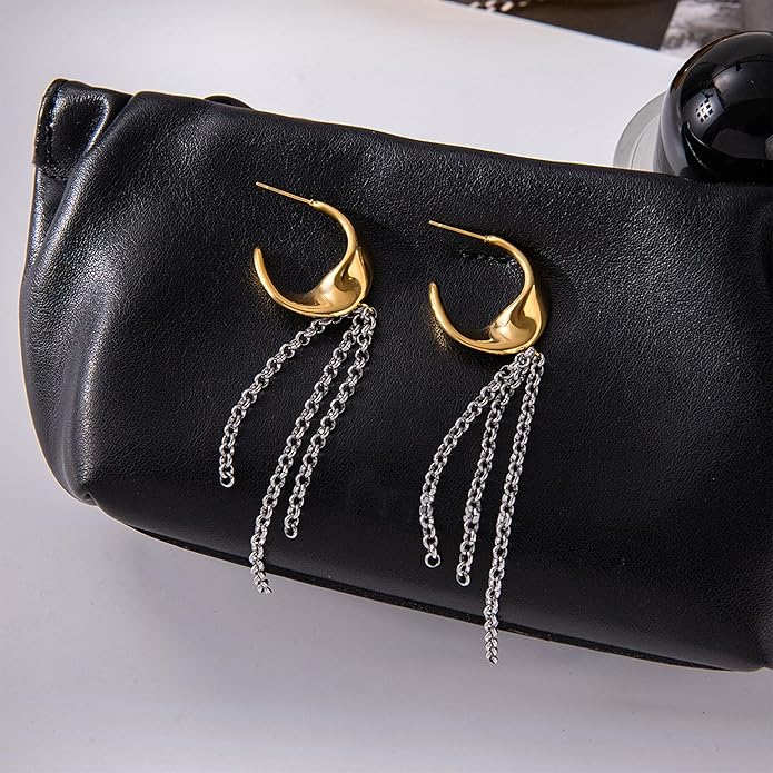 Tassel Chain Hoop Earrings for Women Trendy Two Tone Dangling Chain Earrings Hypoallergenic Fashion Jewelry Gifts