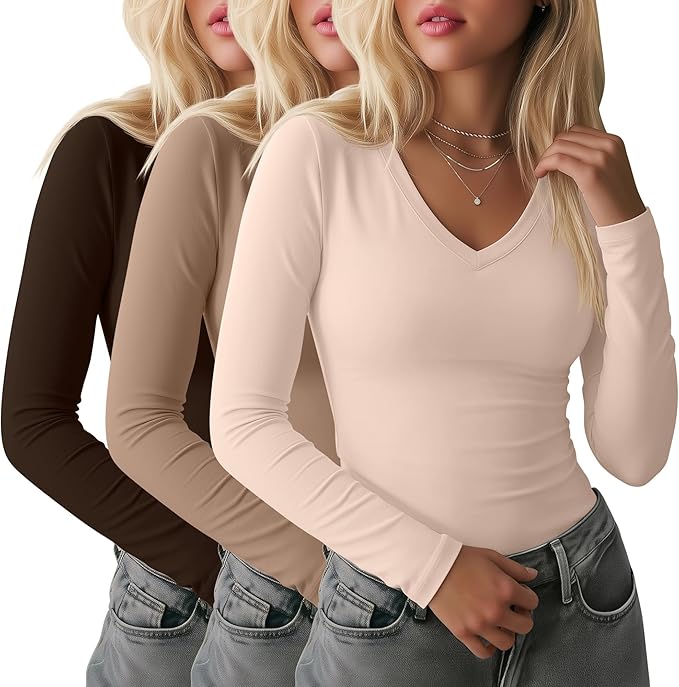 Ficerd 3 Pack Women's Long Sleeve Shirts, V Neck Basic Tees Slim Fitted Casual Fall Tops Going Out Blouses T Shirts