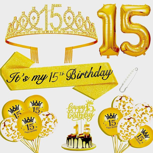 15th Birthday Decorations for Her Girls Set, Include 15th Birthday Crown and 15 Sash, 15th Birthday Cake Topper and 15 Birthday Candles, Gold 15 Balloons, Women 15th Party Supplies(Gold)
