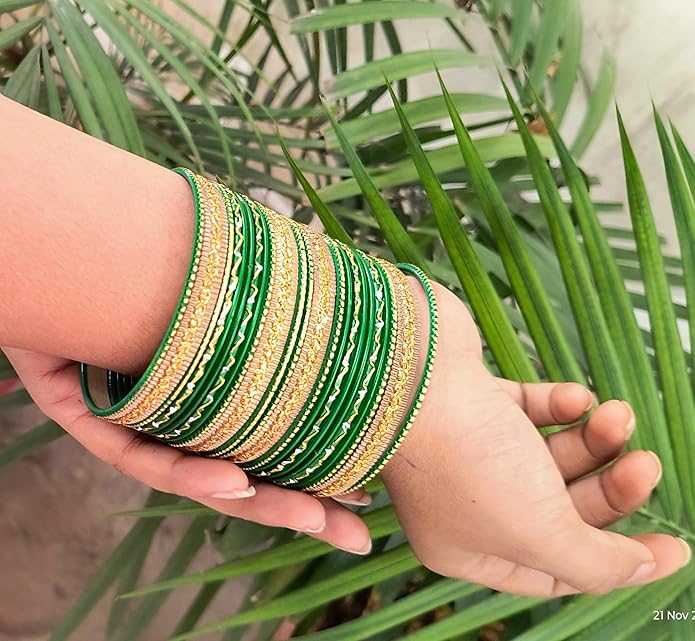 Touchstone Indian Metal Bangles for Women Gold Alloy Bracelets desi 2 Dozen Bangle Collection Bollywood Women's Jewelry Set Multi Stacking Wide Chunky Textured Golden Set of 24 in Gold or White Tone