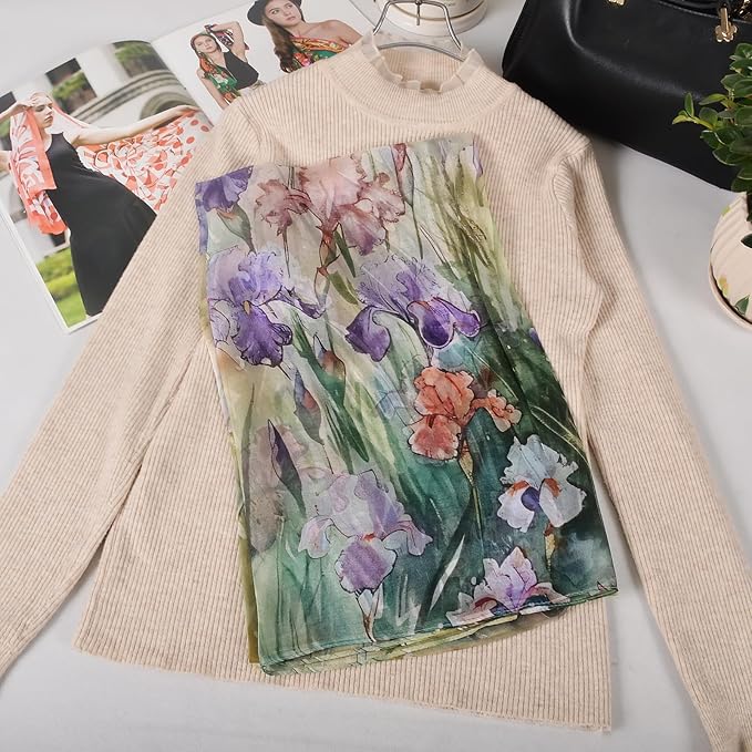 100% Mulberry Silk Women's Neck Silk Scarf-Lightweight Shawl,FLoral Print Beach Silk Wrap-Scarves for Photography