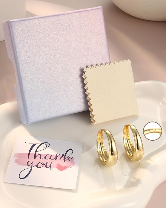 14K Gold Plated Small Chunky Hoop Earrings Sterling Silver Post - Hypoallergenic Trendy Thick Lightweight Silver Plated Huggie Hoops Dainty Hoop Earrings for Women Non Tarnish Jewelry Gifts
