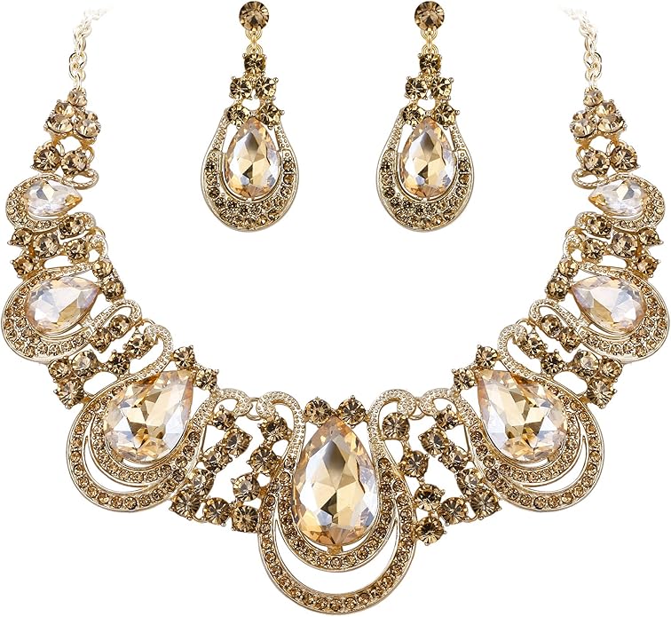 BriLove Women's Costume Fashion Crystal Teardrop Hollow Scroll Statement Necklace Dangle Earrings Set