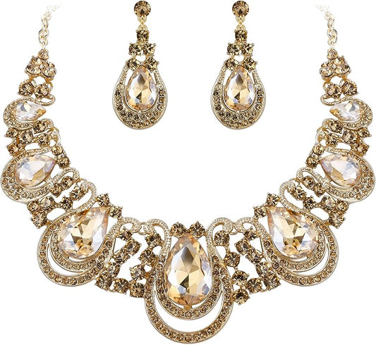 BriLove Women's Costume Fashion Crystal Teardrop Hollow Scroll Statement Necklace Dangle Earrings Set