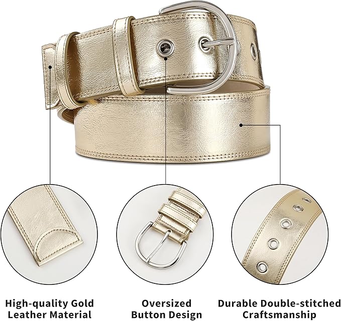 Women Casual Leather Gold Belt for Jeans Pants, Fashion Ladies Girls Gold Faux Leather Waist Belt