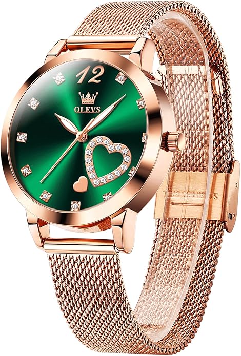OLEVS Women's Small Wrist Rose Gold Tone Watch - Cute Diamond Heart Arabic Numerals Dial, Fashion Waterproof Mesh Bracelet Analog Dress for Ladies