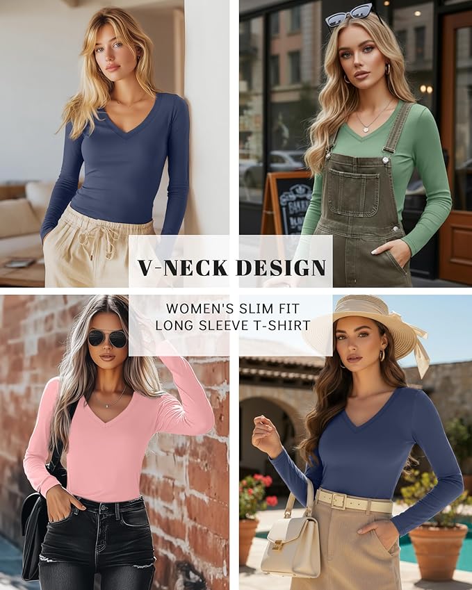 Ficerd 3 Pack Women's Long Sleeve Shirts, V Neck Basic Tees Slim Fitted Casual Fall Tops Going Out Blouses T Shirts
