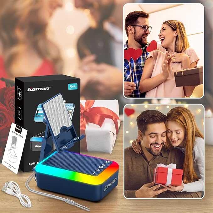 JTEMAN Gifts for Men Women Cell Phone Stand with Bluetooth Speaker and Light, Portable Lanyard, Cool Tech Gifts for Dad Mom Husband, Unique Birthday Gift Ideas Blue