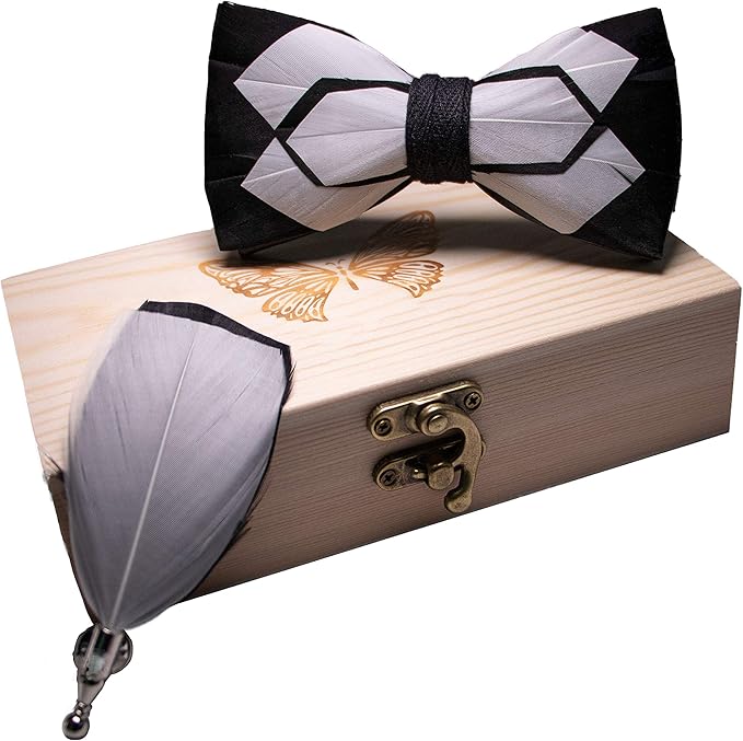 RBOCOTT Handmade Feather Pre-tied Bow tie and Brooch Sets for Men