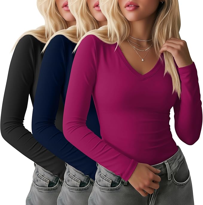 Ficerd 3 Pack Women's Long Sleeve Shirts, V Neck Basic Tees Slim Fitted Casual Fall Tops Going Out Blouses T Shirts