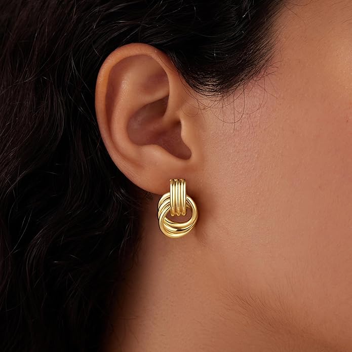 Gold Plated Statement Chunky Dangle Stud Earrings for Women, Gold Plated Hoop Knot Claw Earrings Tarnish Free Jewelry for Women Gifts