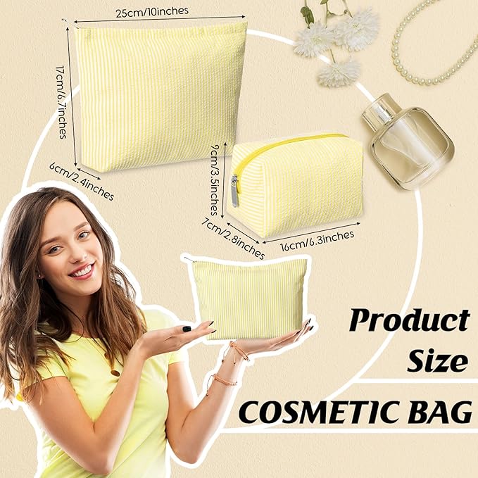 2 Pieces Makeup Bag Set Cute Cosmetic Pouch for Women Seersucker Travel Toiletry Bag Preppy Small Makeup Purse Pouch Aesthetic Skincare Brushes Storage Organizer for Christmas Women(Yellow)