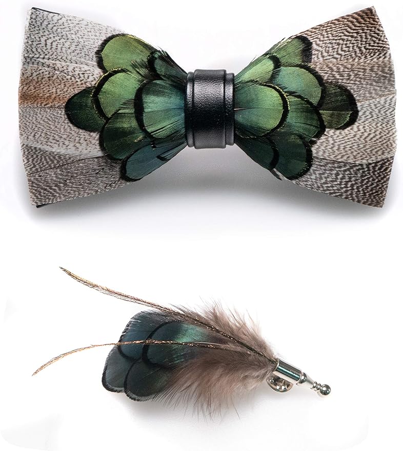 RBOCOTT Handmade Feather Pre-tied Bow tie and Brooch Sets for Men