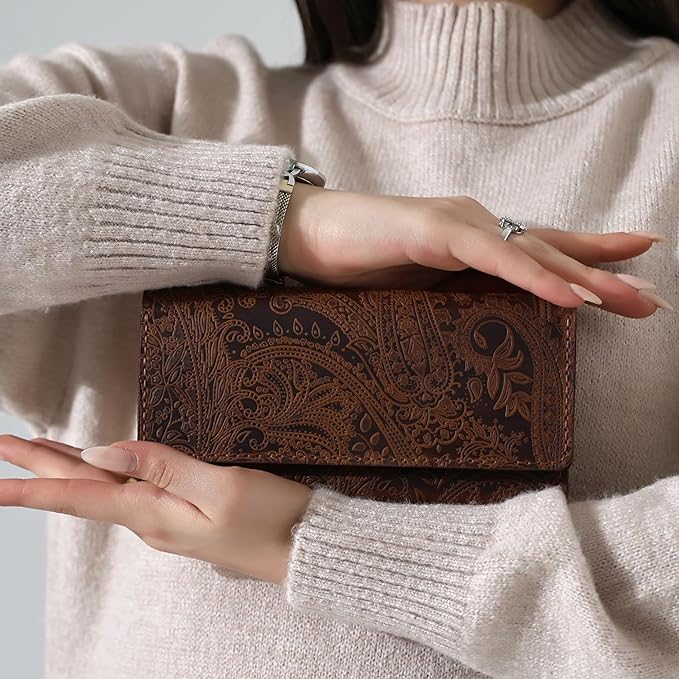 Genuine Leather Handmade Wallet for Women Large Capacity Credit Card Holder Ladies Bifold Long Clutch Handbag Slim Minimalist Western Purse with Zipper Pocket
