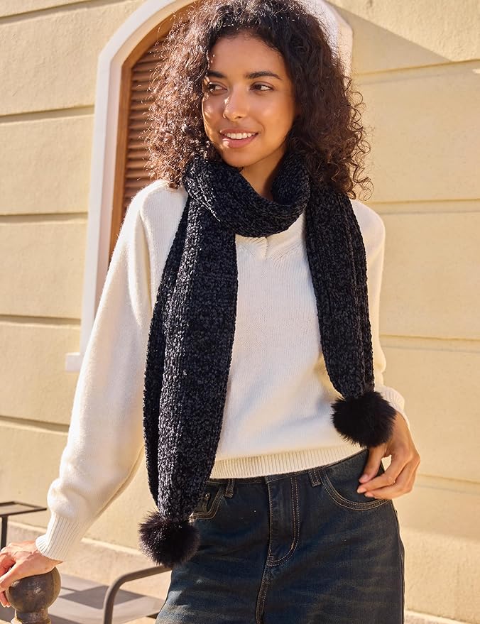 Womens Chenille Scarf with Pompom Winter Knit Warm Scarves for Cold Weather with Gift Box