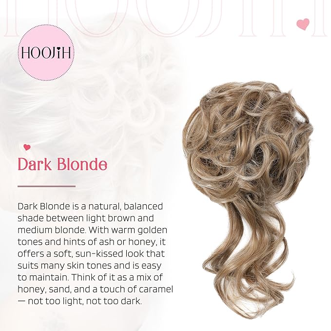 HOOJIH Messy Bun Hair Piece, 2PCS Tousled Updo with Tendrils Bun Extensions Wavy Curly Hair Wrap Ponytail Hairpieces Thick Scrunchies for Women - Dark Blonde